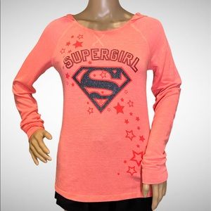 SuperGirl Coral Hooded Long-Sleeve T-Shirt Size Girls XL or Women's XS/Small VGC